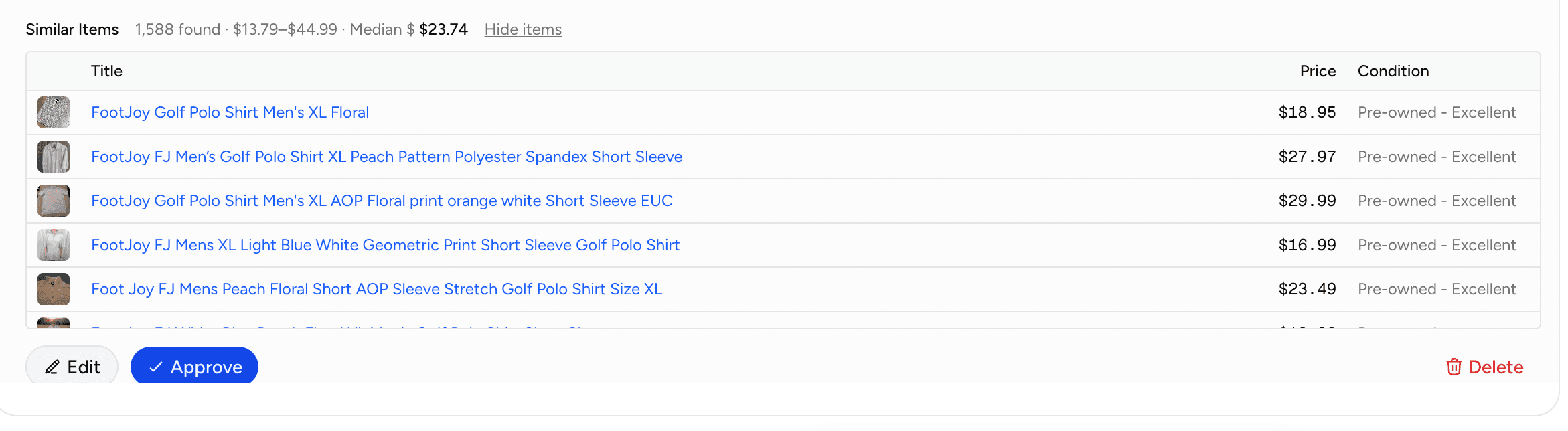 Pricing comps panel showing similar listed items with prices and conditions